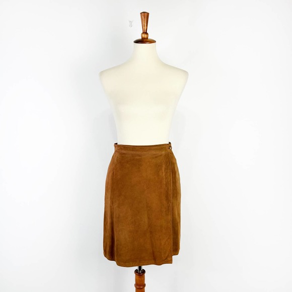 Vintage Skirts Vintage 9s Brown Suede Leather Aline Wrap Skirt Liz